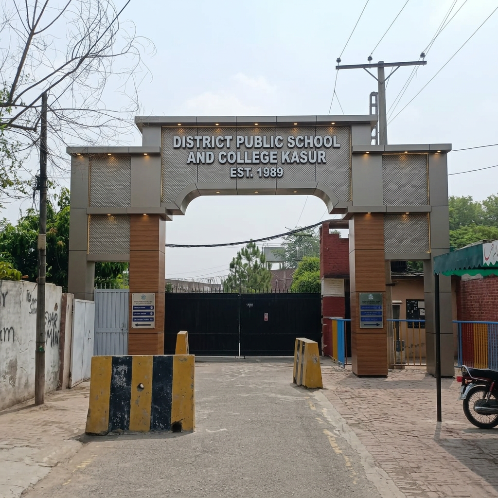 AI Design for add 3d cladding signboard with pillars  named as "DISTRICT PUBLIC SCHOOL AND COLLEGE KASUR (DIFFERENT OPTIONS
