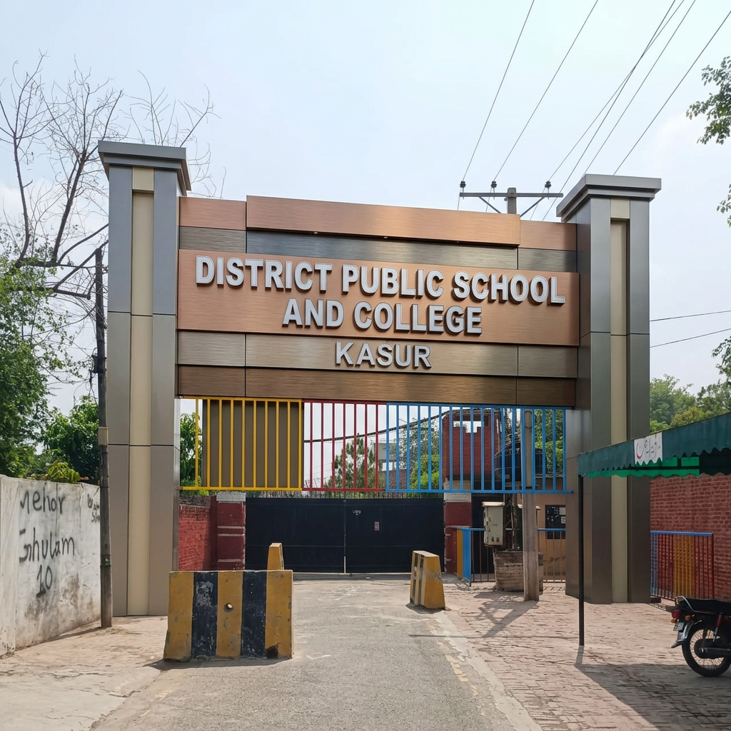 AI Design for add 3d cladding signboard with pillars  named as "DISTRICT PUBLIC SCHOOL AND COLLEGE KASUR (DIFFERENT OPTIONS)
