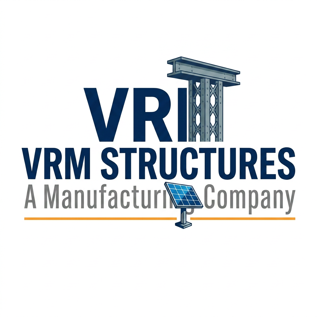 AI Design for A professional, modern corporate logo for VRM Structures Manufacturing Company. The design features clean, bold typography where the 2 'T' in same 'Structures' is stylized as a towering architectural beam, and the same structures 't' in 'Manufacturing' is cleverly integrated as a sleek, geometric solar panel icon. The aesthetic is minimalist and industrial, utilizing a professional color palette of slate grey and electric blue on a crisp white background, with high-contrast sharp edges and a clean, vector-style finish.