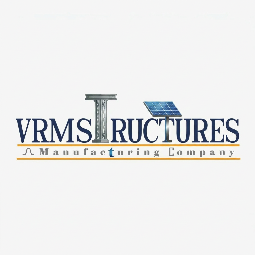AI Design for A professional, modern corporate logo for VRM Structures Manufacturing Company. The design features clean, bold typography where the 2 'T' in same 'Structures' is stylized as a towering architectural beam, and the same structures 't' in 'Manufacturing' is cleverly integrated as a sleek, geometric solar panel icon. The aesthetic is minimalist and industrial, utilizing a professional color palette of slate grey and electric blue on a crisp white background, with high-contrast sharp edges and a clean, vector-style finish.