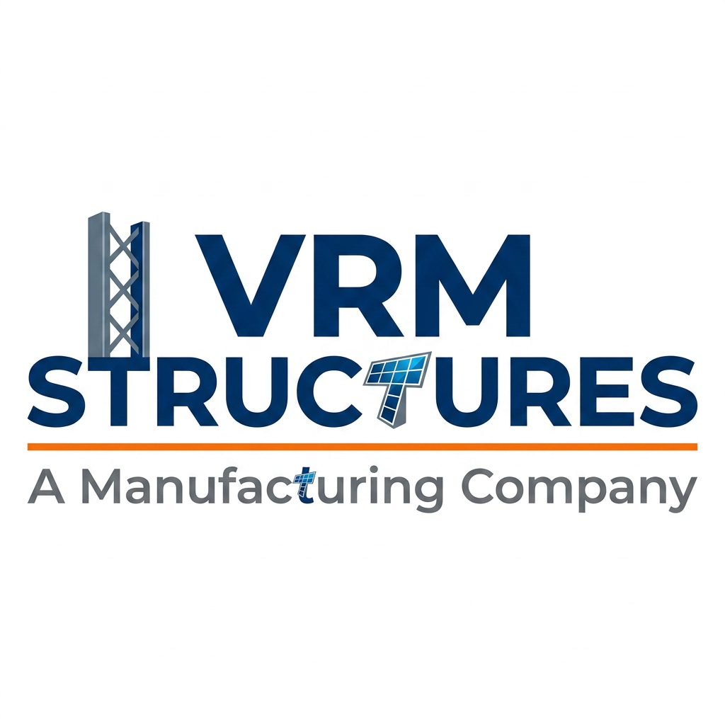 AI Design for A professional, modern corporate logo for VRM Structures Manufacturing Company. The design features clean, bold typography where the 2 'T' in same 'Structures' is stylized as a towering architectural beam, and the same structures 't' in 'Manufacturing' is cleverly integrated as a sleek, geometric solar panel icon. The aesthetic is minimalist and industrial, utilizing a professional color palette of slate grey and electric blue on a crisp white background, with high-contrast sharp edges and a clean, vector-style finish.