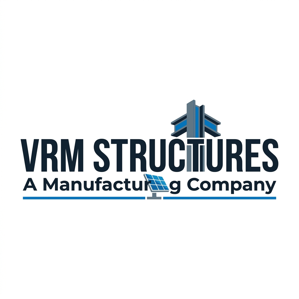AI Design for A professional, modern corporate logo for VRM Structures Manufacturing Company. The design features clean, bold typography where the 2 'T' in same 'Structures' is stylized as a towering architectural beam, and the same structures 't' in 'Manufacturing' is cleverly integrated as a sleek, geometric solar panel icon. The aesthetic is minimalist and industrial, utilizing a professional color palette of slate grey and electric blue on a crisp white background, with high-contrast sharp edges and a clean, vector-style finish.