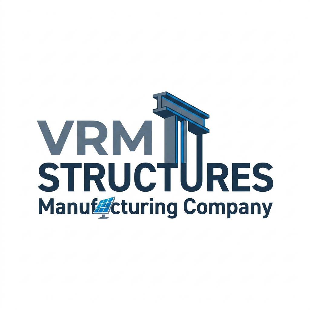 AI Design for A professional, modern corporate logo for VRM Structures Manufacturing Company. The design features clean, bold typography where the 2 'T' in same 'Structures' is stylized as a towering architectural beam, and the same structures 't' in 'Manufacturing' is cleverly integrated as a sleek, geometric solar panel icon. The aesthetic is minimalist and industrial, utilizing a professional color palette of slate grey and electric blue on a crisp white background, with high-contrast sharp edges and a clean, vector-style finish.