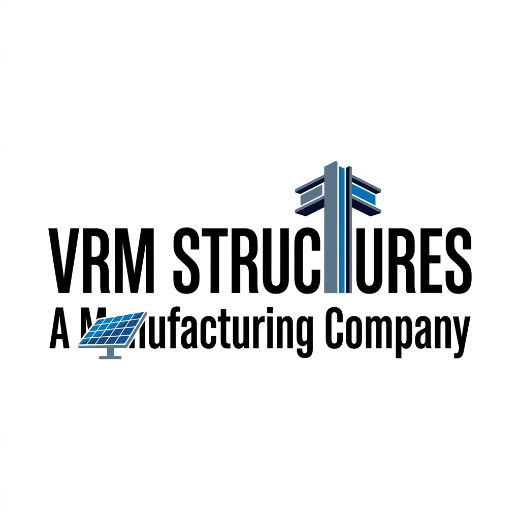 AI Design for A professional, modern corporate logo for VRM Structures Manufacturing Company. The design features clean, bold typography where the 2 'T' in same 'Structures' is stylized as a towering architectural beam, and the same structures 't' in 'Manufacturing' is cleverly integrated as a sleek, geometric solar panel icon. The aesthetic is minimalist and industrial, utilizing a professional color palette of slate grey and electric blue on a crisp white background, with high-contrast sharp edges and a clean, vector-style finish.