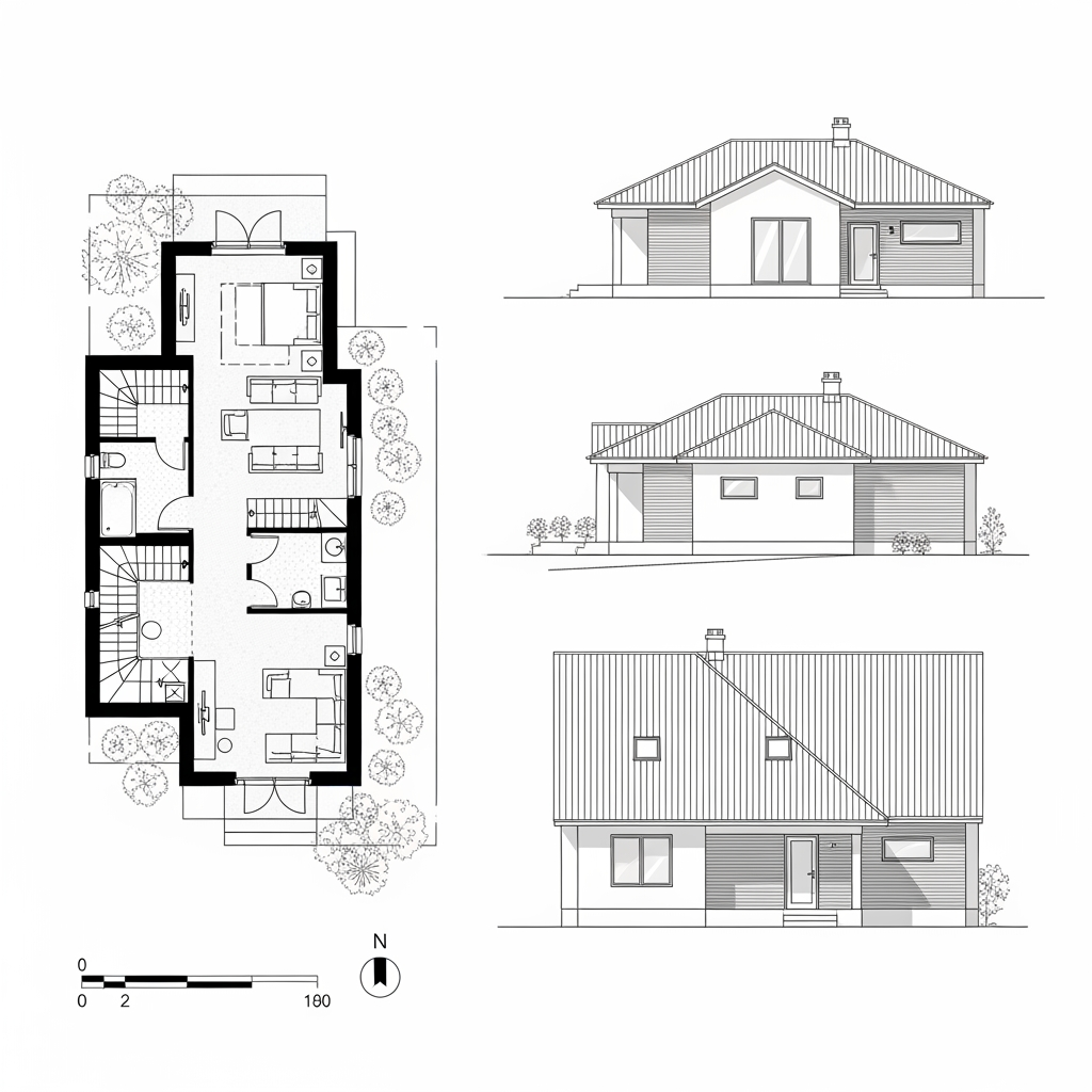 AI Design for Can you draw a plan, a floor plan, and a side view of this drawing ?