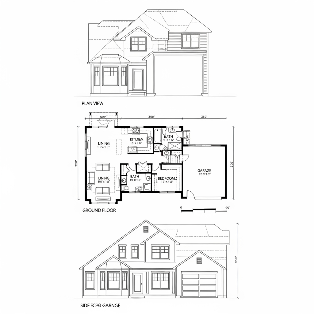 AI Design for Can you draw a plan, a floor plan, and a side view of this drawing ?