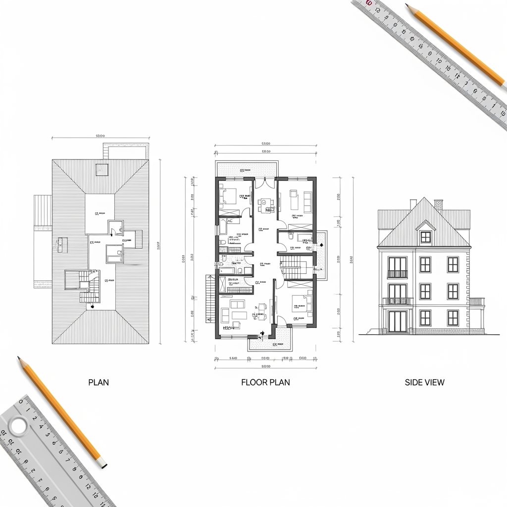 AI Design for Can you draw a plan, a floor plan, and a side view of this drawing ?