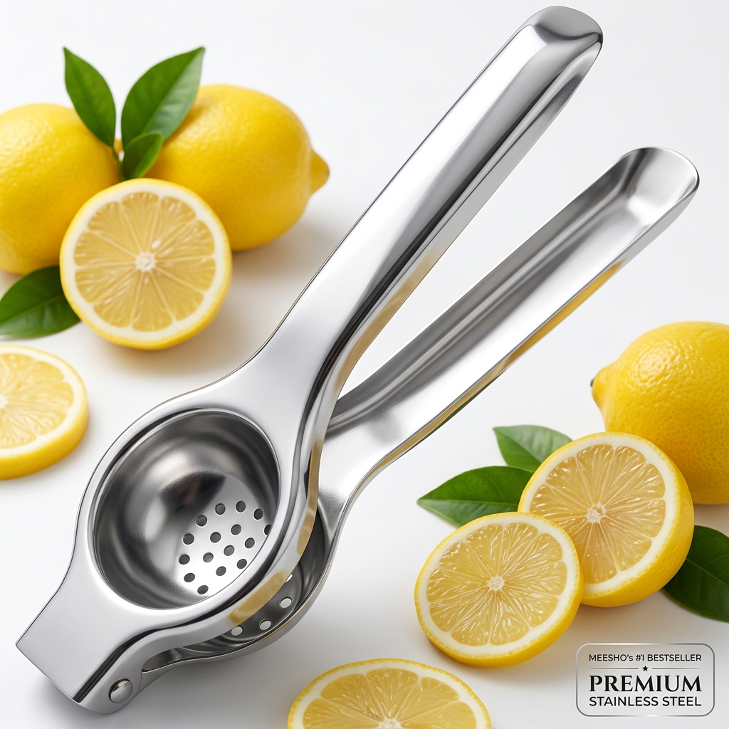 AI Design for Exact same stainless steel lemon squeezer, same size, same shape, mirror finish steel, open position with fresh yellow lemons and lemon slices around product, bright white luxury background, premium kitchen photography, soft shadow, ultra realistic, product occupying 85% frame, Meesho bestseller main image, 4K HD, high CTR design.