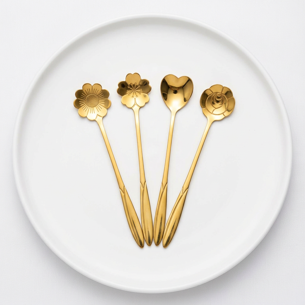 AI Design for Same gold spoon set, arranged on a large luxury white ceramic plate, top-down angle, clean bright background, premium cafe aesthetic, minimal styling, sharp details, crystal clear reflections, product occupies 90% frame, ultra realistic 4K.