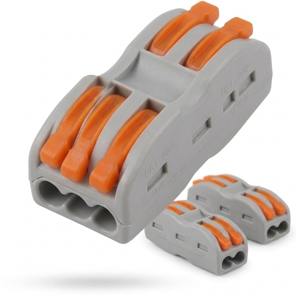 AI Design for Create a premium Meesho main image of the same electrical lever wire connector, show one large connector in diagonal floating pose, front wire holes visible, orange levers highlighted, same grey body, remaining connectors arranged below or behind, clean white background, realistic product lighting, ecommerce hero style.