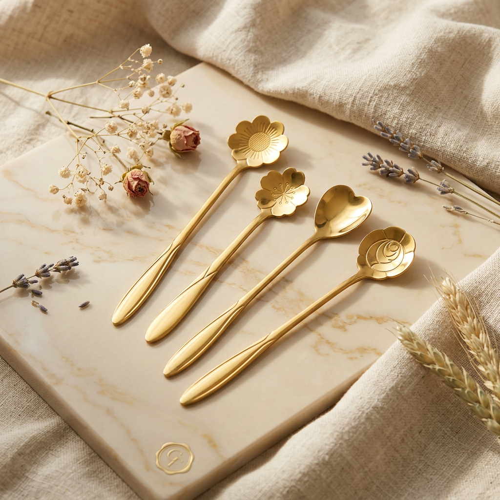 AI Design for "Exact product preservation required. Arrange the gold flower spoons on a beige marble surface with luxury linen fabric, soft dried flowers and warm sunlight. Quiet luxury aesthetic, high-end lifestyle branding, premium editorial photography, realistic gold reflections, minimalist elegance, sophisticated color palette, luxury catalog quality, 8K."