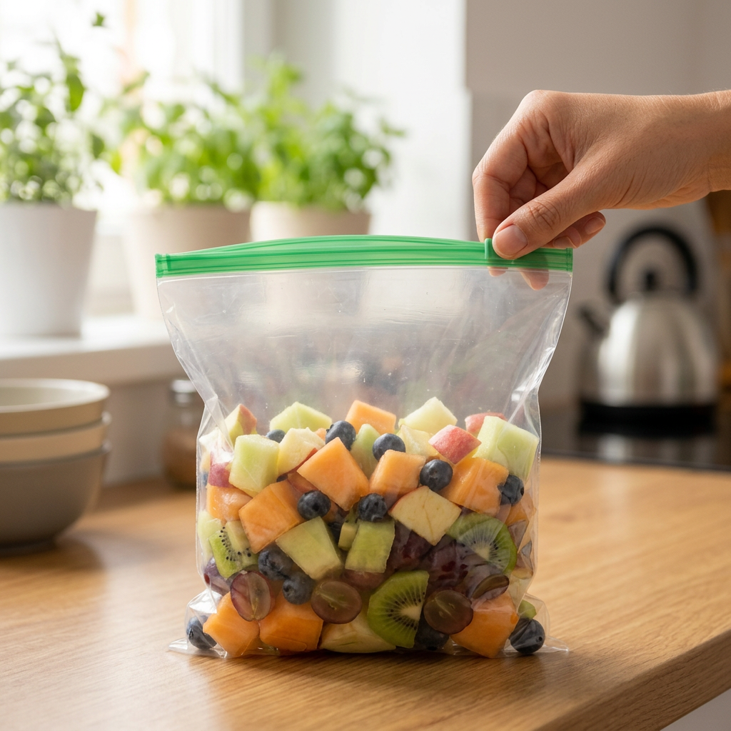 AI Design for Create a real customer-use style hero image of the same transparent zip storage bag, same size, same green zipper colour, standing upright on a wooden kitchen counter, bag filled with chopped fruits, one hand closing the zipper from right to left, close-up front angle, bright home kitchen background with soft blur, realistic wrinkles and transparent plastic texture, premium Meesho listing look, natural not over-designed.