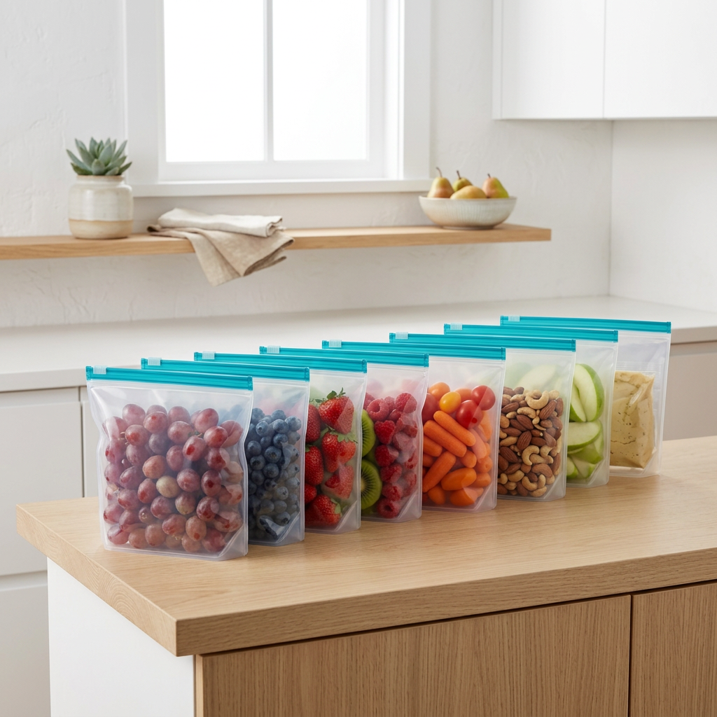 AI Design for 8 same-size reusable bags, different fruits and snacks inside, Scandinavian white kitchen, wooden accents, soft daylight, minimalist decor, clean premium background, ultra realistic commercial photography..