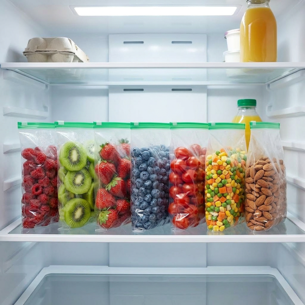 AI Design for Ultra realistic e-commerce photography, 7–8 identical reusable storage bags, all bags same size, same transparent material, same green zipper color, arranged neatly in a single line on a refrigerator shelf. Different foods inside each bag: strawberries, grapes, blueberries, kiwi slices, cherry tomatoes, mixed vegetables, almonds, sweet corn. Premium modern refrigerator interior, bright white LED fridge lighting, organized and clutter-free look, bags perfectly aligned, freshness storage concept, realistic plastic texture, crystal clear visibility of food, luxury appliance aesthetic.