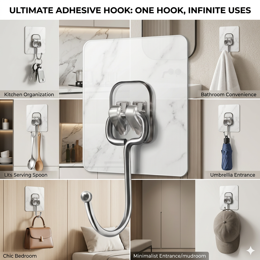 AI Design for Use the exact same adhesive wall hook from the reference image, same silver stainless steel hook, same transparent adhesive marble base, same size and proportions. Create one premium multipurpose usage image. One large hero hook in the center. Around it show 6 identical hooks with different real-life uses: house keys, white towel, kitchen spoon, umbrella, handbag, and cap hanging naturally. Modern split-scene background showing kitchen, bathroom, bedroom, and entrance area. Ultra realistic 4K product photography, realistic shadows, premium lighting, stainless steel reflections, Meesho bestseller style, high CTR ecommerce image, clean composition, professional catalog design.