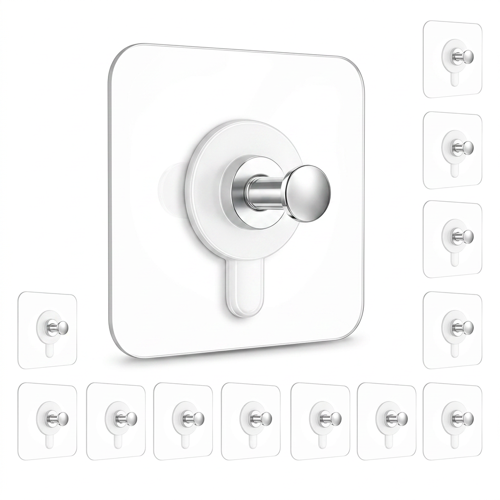 AI Design for Same transparent adhesive wall hook, 10 pcs set, one hook large in center, remaining hooks neatly arranged in semicircle, pure white background, ultra realistic product photography, soft shadow, 4K ecommerce image, Amazon Meesho style, product 85% focus.