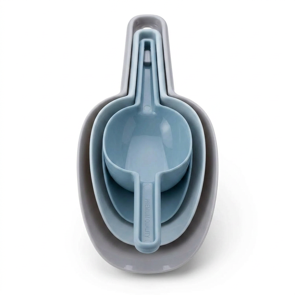 AI Design for Exact same 3 nesting scoops, same pastel blue and grey colors, hero product shot, white seamless background, luxury studio lighting, glossy realistic plastic finish, centered composition, premium e-commerce style, high sharpness, ultra detailed, bestseller product presentation, 4K quality. POSE CHNAGE