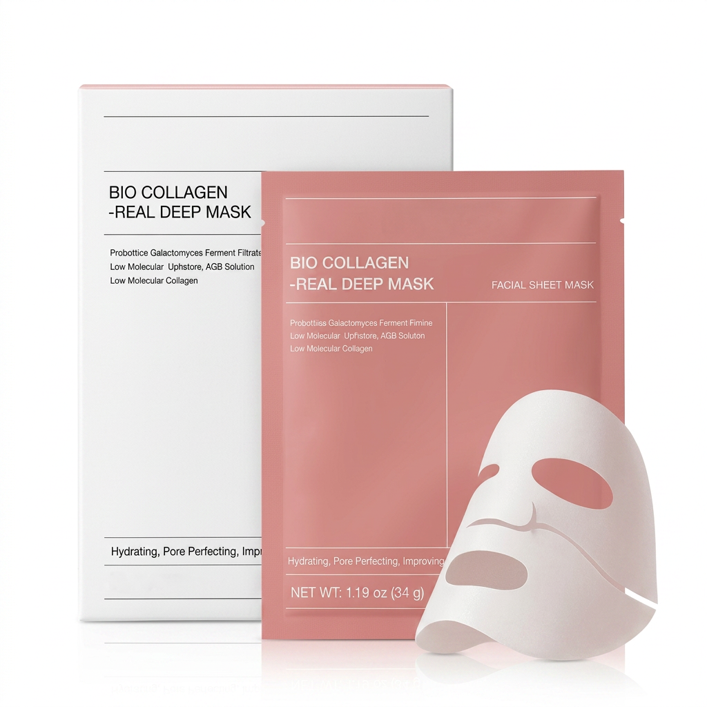 AI Design for Keep exact same BIO COLLAGEN REAL DEEP MASK packaging, one box and one packet displayed in elegant front-facing arrangement, pure white seamless background, product occupying 85-90% frame, luxury skincare commercial photography, realistic lighting and reflections, premium cosmetic brand quality, highly detailed, Amazon main image optimized for maximum clicks, 4K ultra realistic.