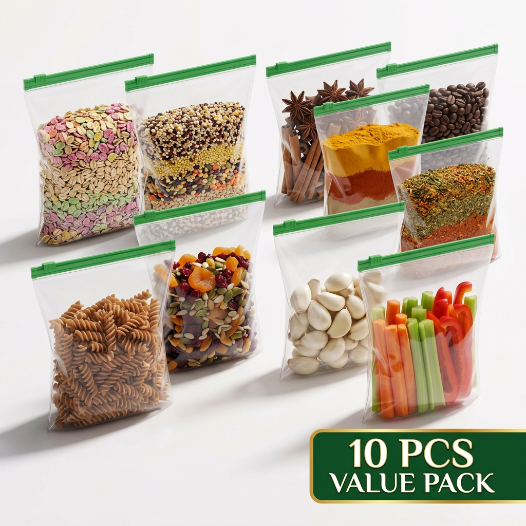 AI Design for High-converting Meesho main image featuring 10 reusable storage bags. Large stack in background and filled bags in foreground. Display colorful dry fruits, grains, pasta, spices, oats. Add bold green badge reading "10 PCS VALUE PACK". White clean background, premium product lighting, ultra-HD, centered composition.