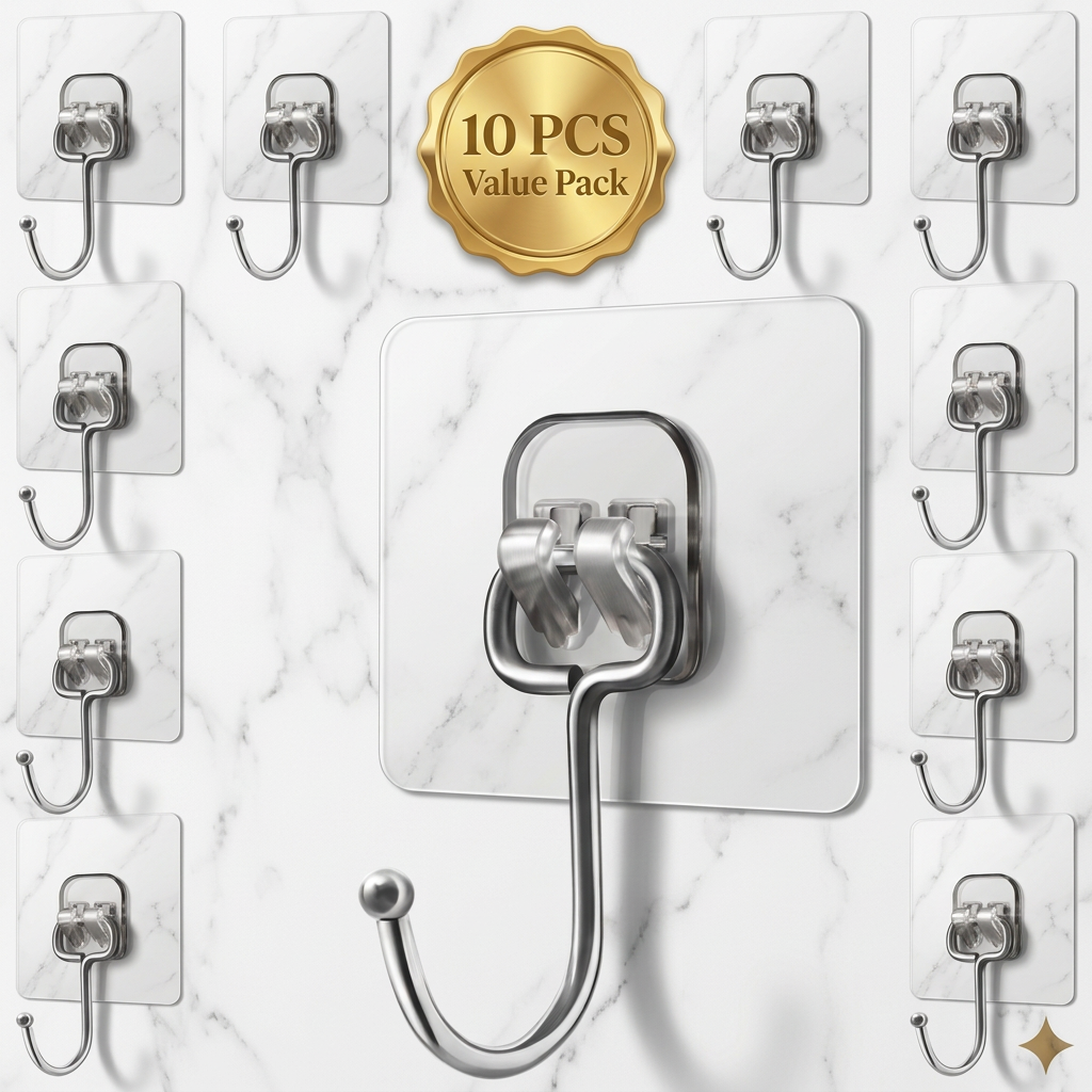 AI Design for Exact same hook with marble adhesive base, same metallic finish. One oversized hook with crystal-clear details, surrounded by 9 smaller hooks. Add premium golden badge: "10 PCS Value Pack". White marble luxury background, realistic lighting, elegant shadows, ultra realistic 4K, professional ecommerce hero image, Meesho high-order product listing style.
