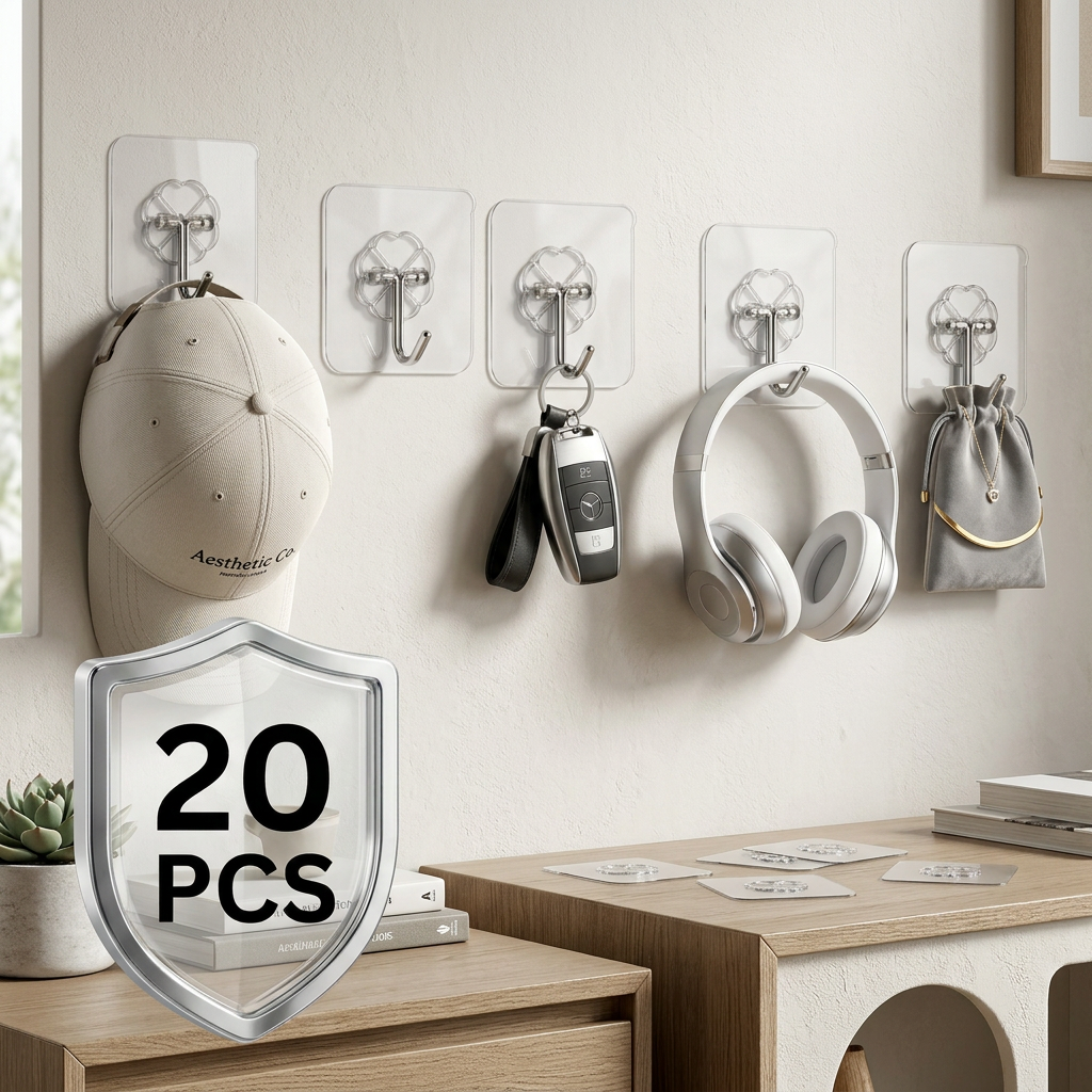 AI Design for Same transparent hooks, 20 PCS badge, hanging caps, headphones, jewelry pouch, aesthetic bedroom wall, premium interior background, photorealistic ecommerce image.