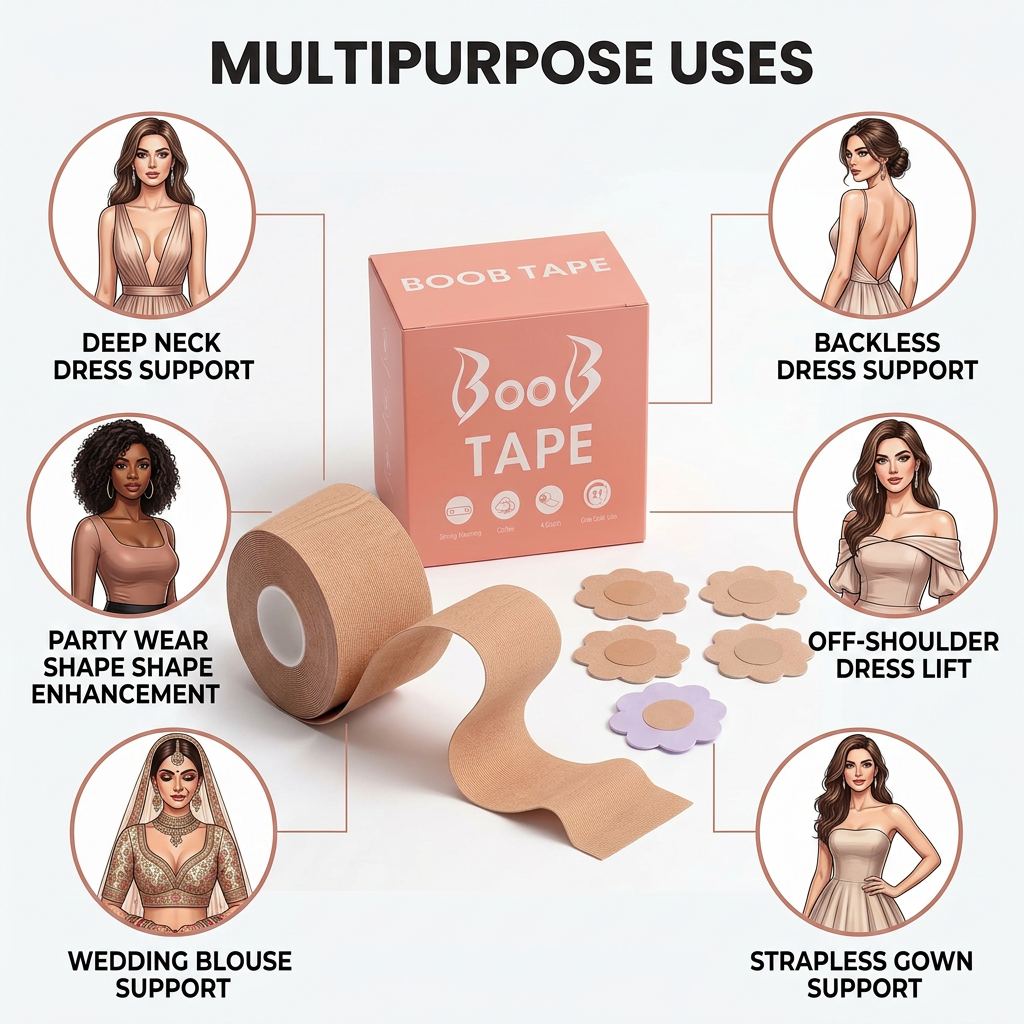 AI Design for Exact same boob tape box, same peach-pink packaging, same skin-tone boob tape roll, same flower nipple covers, create a premium Meesho infographic image showing MULTIPURPOSE USES in one frame. Center: product set large and clear. Around product create 6 circular use icons with realistic fashion illustrations: Deep Neck Dress Support, Backless Dress Support, Off-Shoulder Dress Lift, Strapless Gown Support, Wedding Blouse Support, Party Wear Shape Enhancement. White luxury background, beauty product advertisement style, clean design, premium feminine aesthetic, realistic shadows, soft lighting, high CTR Meesho listing image, ultra realistic 4K, product focus 70%, infographic style without brand changes.