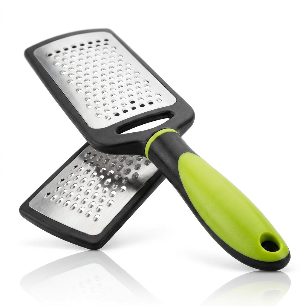AI Design for Use the exact same grater, same colors and design. Position the grater in a dramatic 3D perspective angle, handle slightly raised toward camera, stainless steel grating surface clearly visible. Clean bright white background, premium studio lighting, glossy reflection below product, ultra realistic kitchen tool photography, Meesho bestseller style, 4K ultra HD, attractive and trust-building composition.