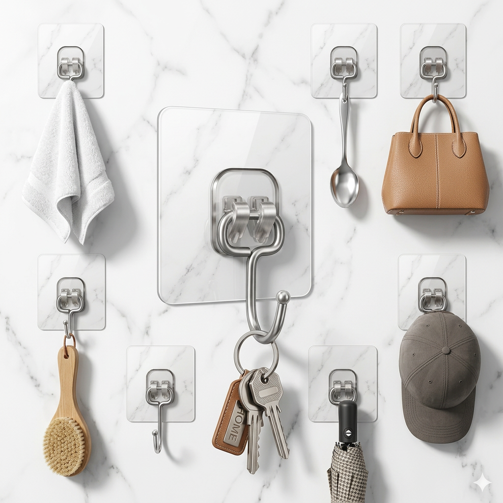 AI Design for Exact same hook from the reference image. One large center hook holding keys, with smaller identical hooks around it holding a towel, spoon, handbag, cap, umbrella and brush. Premium white background, luxury lighting, realistic reflections, Meesho high CTR main image, ultra realistic 4K.