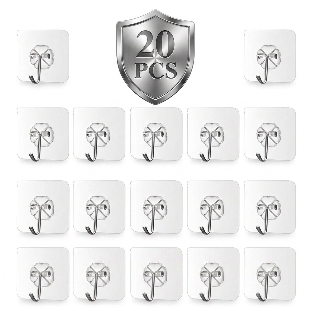 AI Design for Same transparent self-adhesive wall hook, exact product design unchanged, 20 PCS pack, arranged in 4 rows × 5 columns, perfectly symmetrical layout. Large premium metallic "20 PCS" shield badge centered at top. Pure white seamless background, all hooks front-facing and evenly spaced, crystal-clear transparent adhesive pads, chrome metal hooks with realistic reflections, soft natural shadows, professional studio lighting, ultra realistic 4K product photography, Amazon white background standards, Meesho bestseller main image, 85% product focus, clean ecommerce catalog style, high trust appearance, sharp details, photorealistic, no watermark, no logo, no extra text except "20 PCS", premium commercial advertising image.