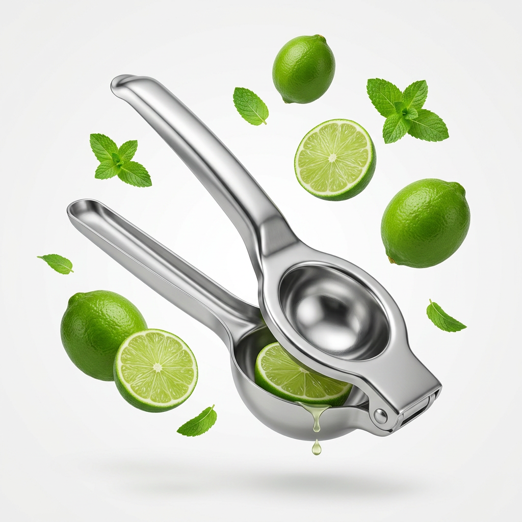 AI Design for Exact same metal lemon squeezer floating in air, dynamic 45-degree angle, fresh lemons and mint leaves suspended around product, luxury white background, soft reflections, realistic steel texture, premium product photography, Meesho main image, ultra HD 4K.