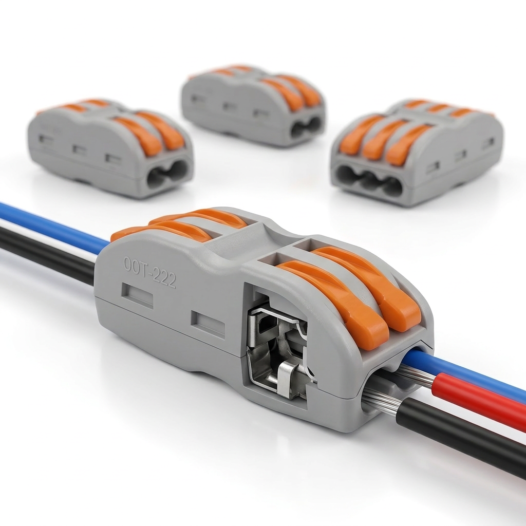 AI Design for Create a Meesho hero product image of the same grey-orange electrical wire connector, capture the connector from a low front angle to make it look bold and premium, keep exact same body design and lever shape, one large hero connector with remaining connectors placed behind softly, white seamless background, realistic industrial product shot.