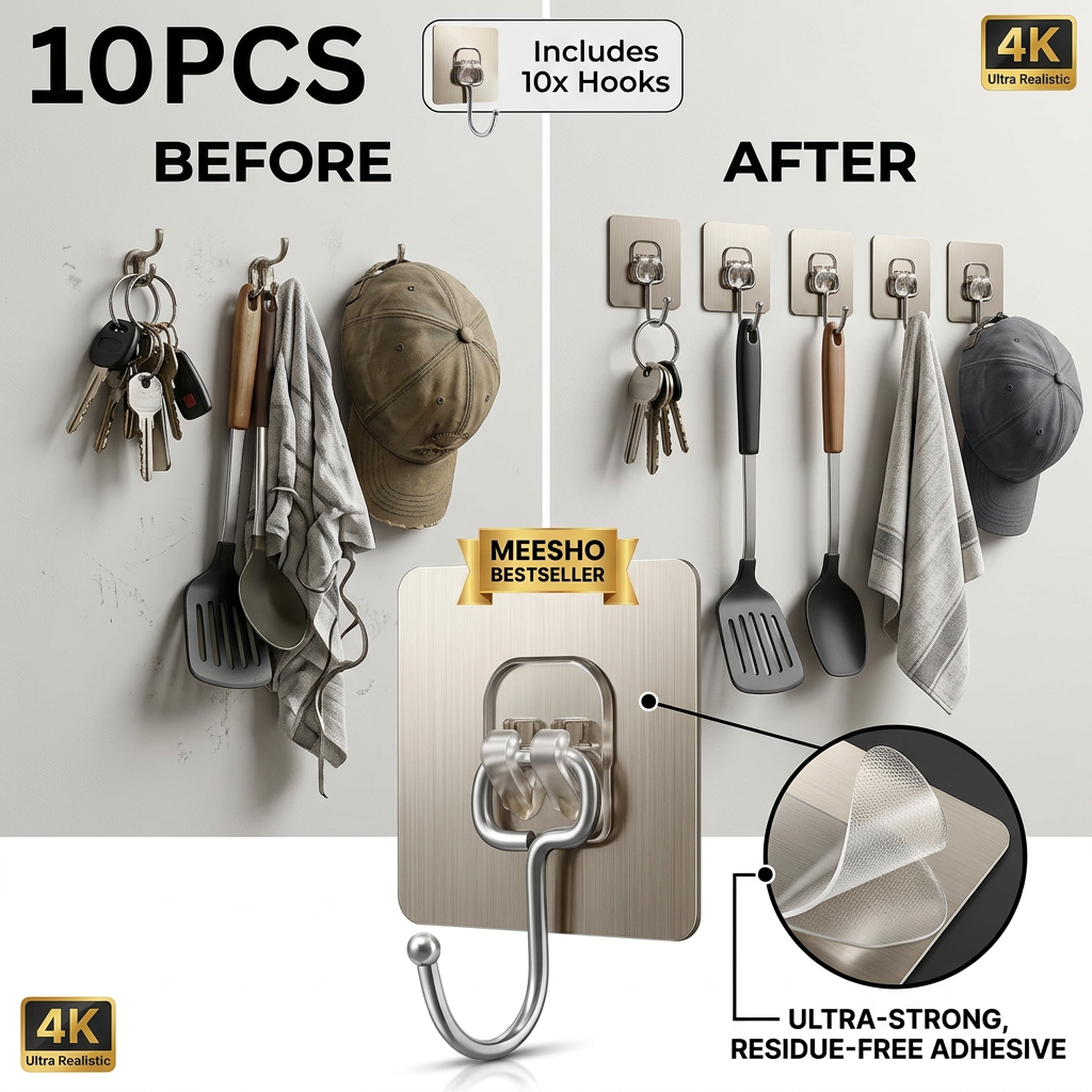 AI Design for Same silver adhesive hook. BEFORE side cluttered with kitchen tools, keys, towel and cap. AFTER side perfectly organized using multiple identical hooks. One oversized hook in center with detailed adhesive zoom. Clean modern design, premium ecommerce advertisement, Meesho bestseller style, ultra realistic 4K.