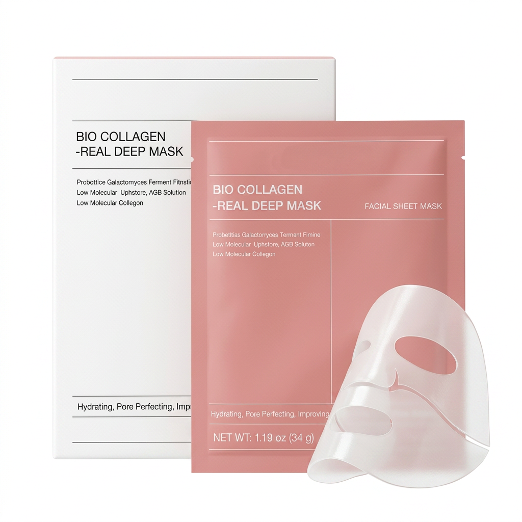 AI Design for Same original BIO COLLAGEN REAL DEEP MASK box and packet, packet slightly overlapping box, centered composition, pure white Amazon background, packaging text clearly readable, luxury cosmetic photography, premium studio lighting, ultra realistic reflections, sharp edges, product fills most of frame, high trust and high conversion Amazon listing image, 4K.