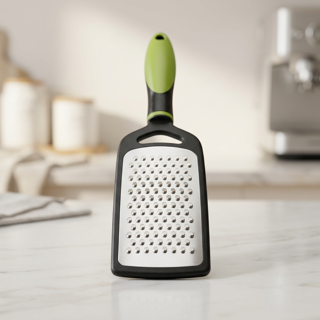 AI Design for Use the exact same grater from the reference image, same black-green handle and metal grating plate. Place product centered and slightly tilted, with elegant depth effect and soft shadow. Modern white kitchen-inspired background blur, premium lighting, luxury product presentation, ultra realistic e-commerce photography, high detail, Meesho main image style, customer click-worthy look, 4K resolution.