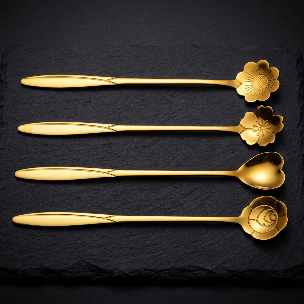 AI Design for Same gold spoon set, same size and design, arranged in elegant parallel layout, premium matte black stone background, dramatic luxury lighting highlighting golden shine, product occupying 90% frame, luxury restaurant cutlery advertisement, ultra realistic, high CTR Meesho listing image, 4K.