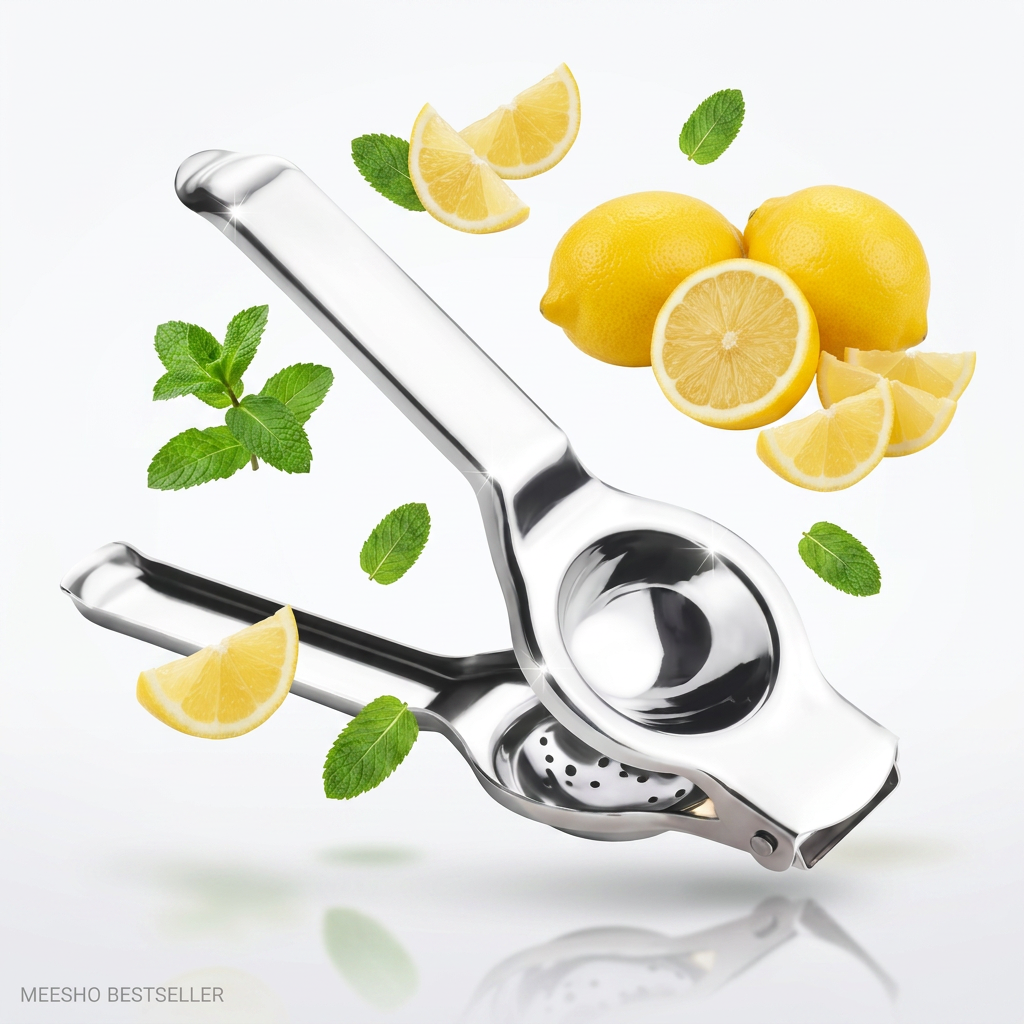 AI Design for Exact same metal lemon squeezer floating in air, dynamic 45-degree angle, fresh lemons and mint leaves suspended around product, luxury white background, soft reflections, realistic steel texture, premium product photography, Meesho main image, ultra HD 4K.