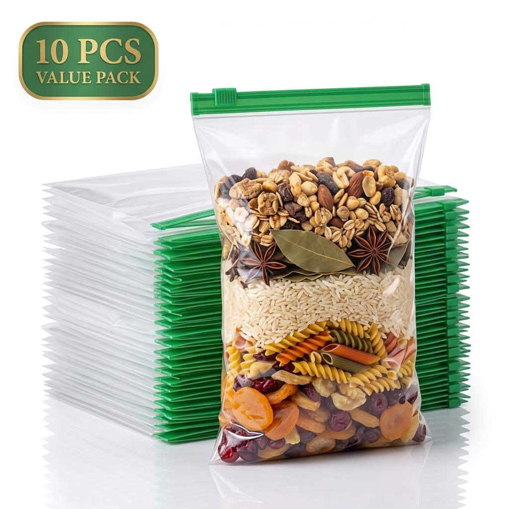 AI Design for Create an ultra-premium e-commerce hero image showing a large stack of identical empty reusable storage bags at the back and one large filled hero bag standing in front at a slight angle. Same transparent plastic and green zipper. Bright white background, realistic reflections, premium studio lighting, elegant green "10 PCS VALUE PACK" badge, luxury advertising photography, maximum customer trust.