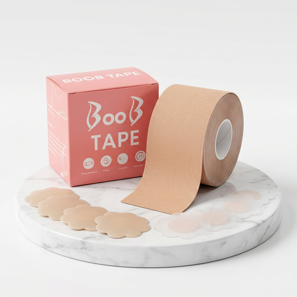 AI Design for Exact same packaging and tape roll, displayed on luxury white podium, tape roll standing vertically, box beside roll, nipple covers artistically arranged around base, bright white background, cosmetic brand advertisement style, realistic shadows, premium Meesho listing image, ultra sharp details.