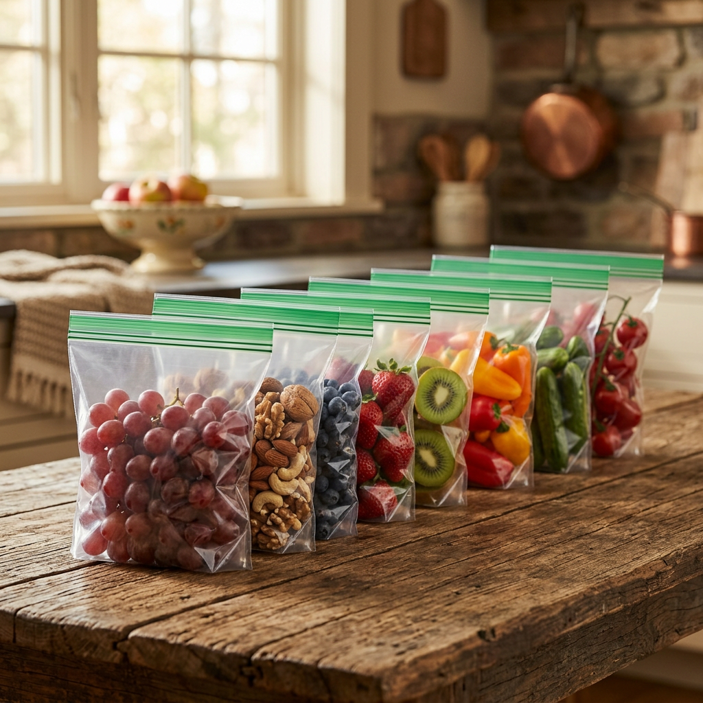 AI Design for 8 same storage bags with strawberries, kiwi, grapes, nuts, vegetables, rustic wooden farmhouse table, cozy kitchen background, warm natural light, premium aesthetic image.