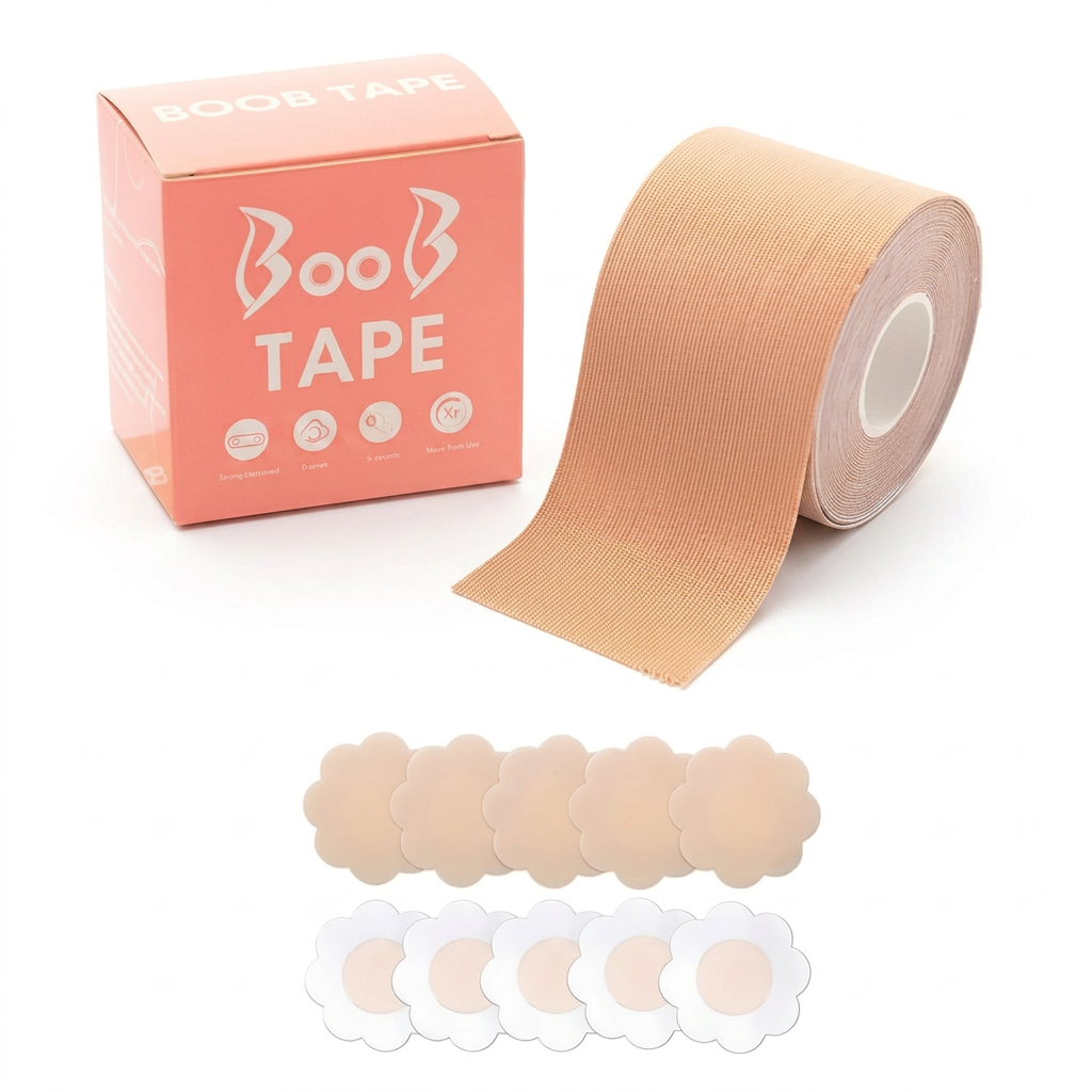 AI Design for Exact same boob tape product set, box on left side, tape roll on right side, tape slightly unrolled toward camera, nipple covers aligned neatly in front, pure white background, professional studio lighting, product occupying 90% frame, high-conversion Meesho main image, ultra realistic.