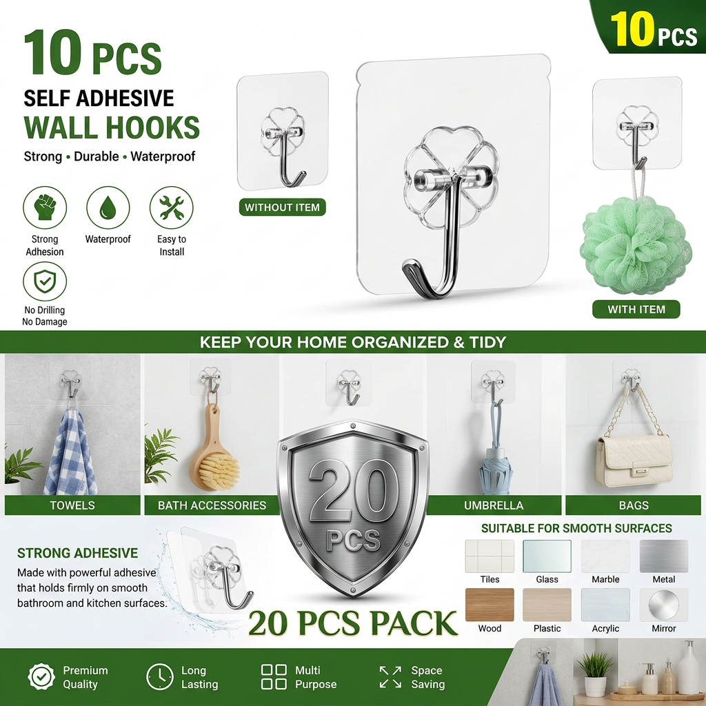 AI Design for Same infographic design and same transparent adhesive wall hook product, exact layout unchanged. Remove the entire "EASY TO INSTALL" section and its three installation-step images completely. Keep all other sections including product showcase, strong adhesive, waterproof & rustproof, suitable surfaces, usage examples and benefits unchanged. Replace the removed area with a large premium metallic "20 PCS" shield badge and "20 PCS PACK" text. Maintain clean white background, green theme, professional ecommerce infographic style, ultra realistic 4K quality, Amazon A+ content, Meesho listing design, sharp text, premium commercial appearance, balanced layout, high trust factor, photorealistic product rendering, no watermark..