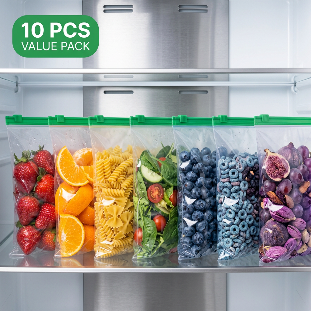 AI Design for Hyper realistic Meesho hero image featuring identical reusable zipper bags arranged from left to right in rainbow color sequence using colorful foods such as strawberries, oranges, pasta, rice, spinach, blueberries, cereals and dry fruits. Same green zipper, white background, premium commercial lighting, bold "10 PCS VALUE PACK" badge, luxury e-commerce product presentation.