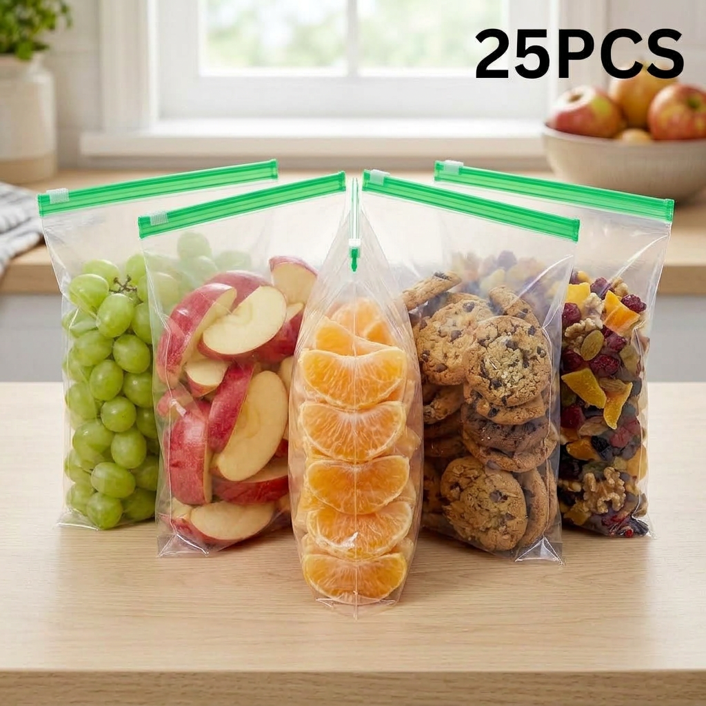 AI Design for 5 reusable transparent storage bags with same green zip lock and same dimensions, one standing front, two tilted left, two tilted right, different foods: apple slices, orange segments, grapes, cookies, dry fruits, aesthetic kitchen countertop, bright natural lighting, realistic reflections on plastic, premium ecommerce photography, white blurred background, professional Meesho main image, large "25 PCS" text, ultra realistic, 4K.