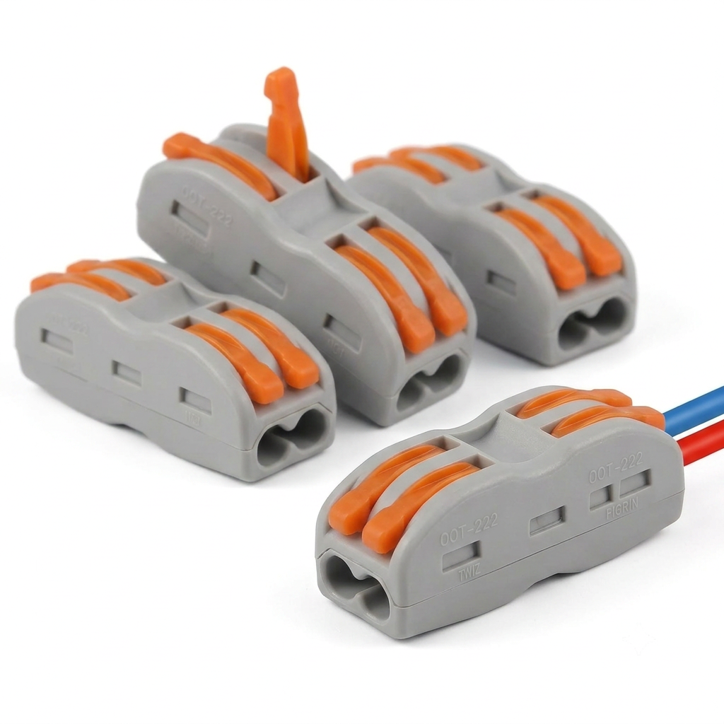 AI Design for Create a premium Meesho hero product image for the same 2 in 2 out quick connector, show 4–5 connectors clustered together in a premium angled composition, one connector bigger in front as hero, remaining connectors arranged softly behind, same grey body and orange levers, white background, realistic studio photography.