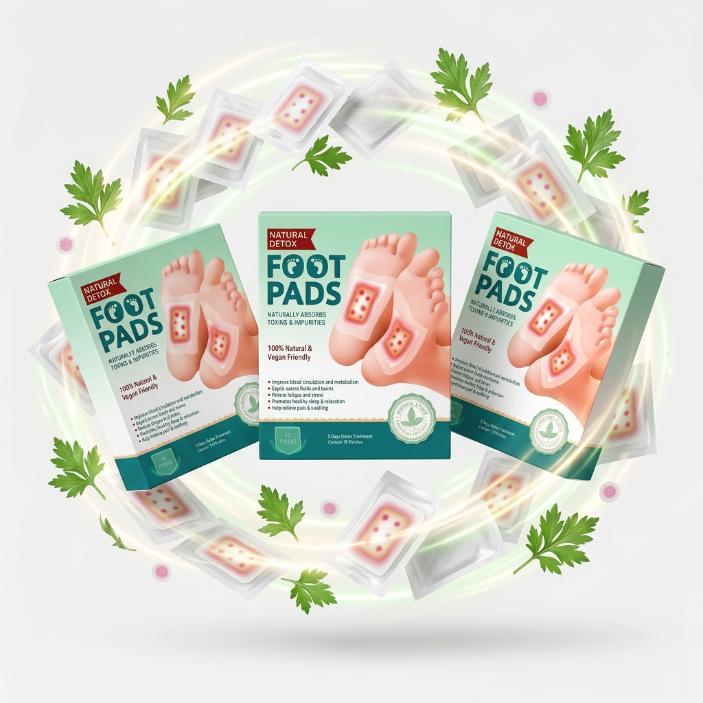 AI Design for Ultra realistic e-commerce product photography, 3 Natural Detox Foot Pads boxes floating in air, center box front-facing, left and right boxes tilted 30 degrees, foot pad sachets flying around product, glowing freshness effect, premium white background, luxury healthcare advertisement, sharp focus, realistic shadows below floating products, high-end studio lighting, Meesho bestseller style, customer attention grabbing composition, ultra HD 8K.