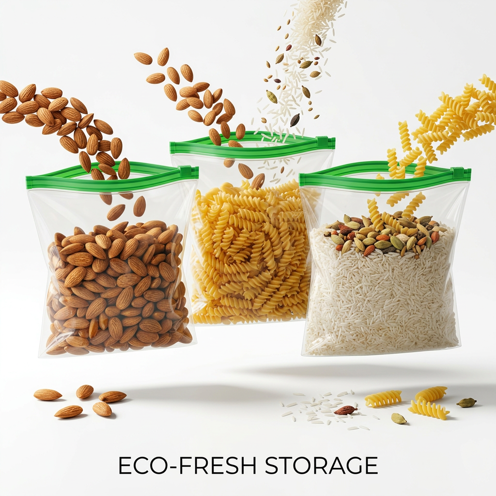 AI Design for Create a premium floating product composition. Transparent green zipper storage bags appear suspended in mid-air while almonds, pasta, grains, spices, and snacks flow into the bags. Same zipper lock color and same dimensions as the reference product. Pure white background, realistic shadows, luxury commercial photography, dynamic composition, modern e-commerce advertising style, ultra-HD, attention-grabbing and highly professional.
