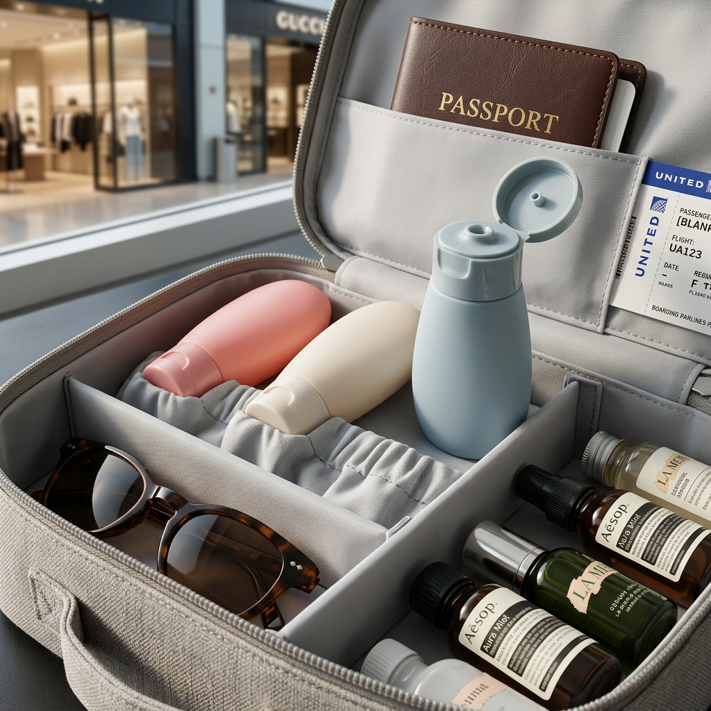AI Design for Same pink, beige, and blue silicone travel bottles neatly placed inside an open travel organizer bag with passport, sunglasses, skincare products, and boarding pass visible. Luxury travel aesthetic, realistic airport travel vibe, ultra HD. FOCUSE ZOMM PRODUCT