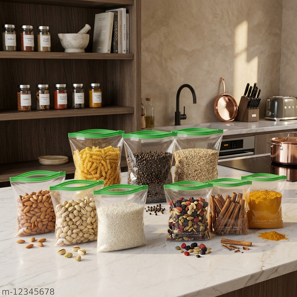 AI Design for Create a luxurious family kitchen scene featuring neatly arranged transparent green zipper storage bags storing grains, dry fruits, snacks, spices, and pasta. Same bag dimensions and green zipper lock as the reference product. Warm natural sunlight, elegant marble countertop, modern kitchen shelves in the background, realistic lifestyle photography, premium e-commerce branding style, trustworthy and high-quality appearance, ultra-HD commercial product image.