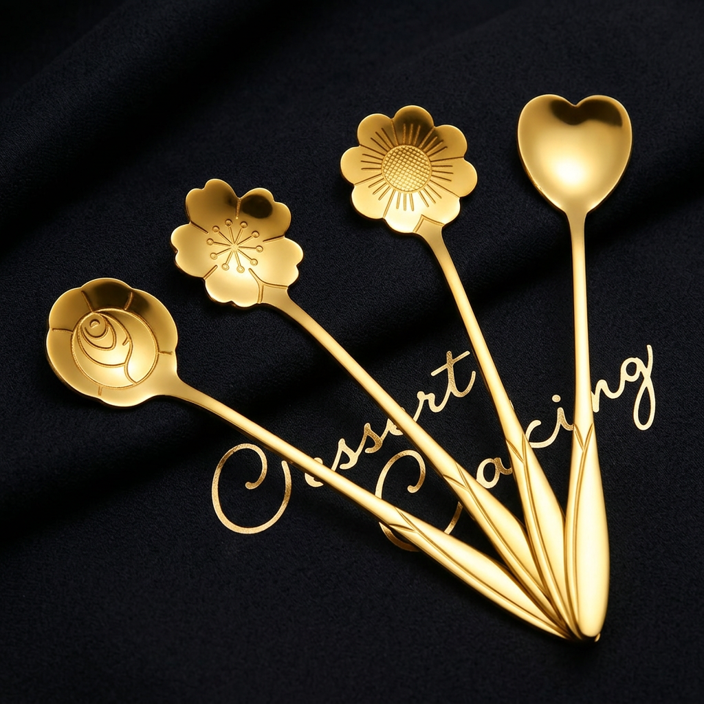 AI Design for Same gold flower spoon set, arranged in premium fan shape, matte black luxury background, dramatic soft lighting, metallic gold shine highlighted, product occupying 85% frame, luxury brand advertisement style, ultra realistic product photography, premium ecommerce hero image, 4K.