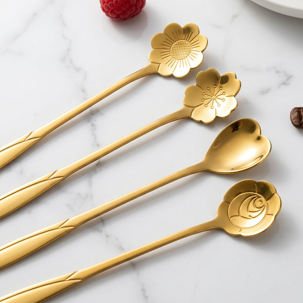 AI Design for Same gold floral spoon set exactly as reference, same size, same golden color, same flower, heart and rose spoon designs, arranged diagonally with premium spacing, luxury white marble background, soft natural sunlight, crystal clear reflections, product occupies 90% frame, minimal props, ultra realistic product photography, Meesho main image, 4K ultra HD.